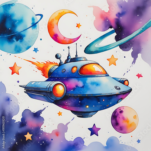 Whimsical Watercolor Spaceship in Colorful Galaxy Art