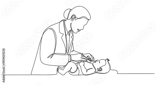 Doctor examining newborn baby line art illustration, pediatric healthcare concept, medical checkup for infant, childcare and parenting theme, minimal outline drawing isolated on white background