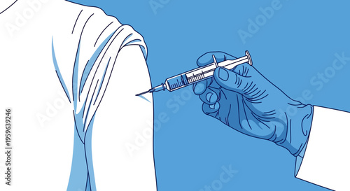 Vaccination concept illustration, doctor hand injecting vaccine into patient arm, immunization and healthcare protection, medical syringe closeup, prevention and public health concept in flat design s