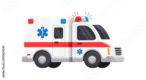 Ambulance emergency vehicle illustration in flat design, medical transport van with siren, healthcare rescue service concept, emergency response vehicle isolated on background for hospital and first a