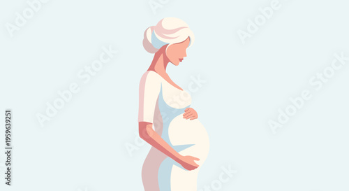 Pregnant woman illustration in soft pastel colors, expecting mother holding belly, maternity concept, healthcare and pregnancy care, female character isolated on background, motherhood and prenatal he