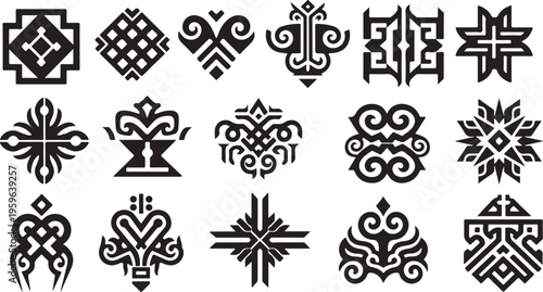 Collection of various black and white ornamental design elements