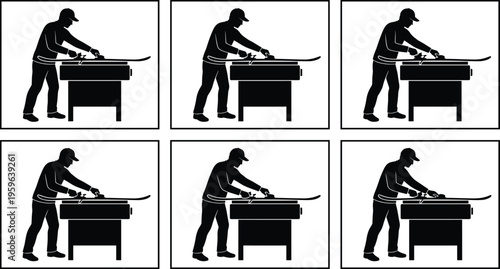 Black silhouette set of professional carpenter worker using wood planer machine on timber plank at workshop table isolated on white background