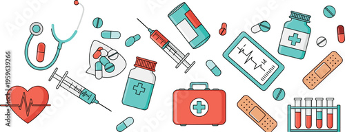 Healthcare and medical elements set including syringe, pills, first aid kit, stethoscope, test tubes, and medicine bottles in flat vector illustration style