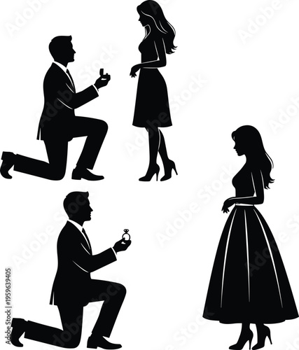 Romantic marriage proposal silhouettes, man kneeling with ring, woman standing, love commitment, engagement illustration, couple romance, wedding proposal icon