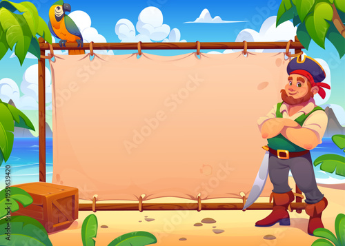 Pirate with signboard banner on tropical island. Cartoon vector blank parchment sign board on wooden frame by the sea. Smiling captain corsair sailor with tricorn hat, sword and parrot on sandy beach