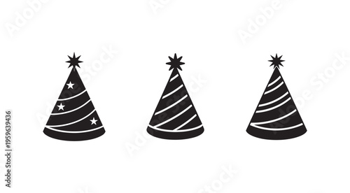Black party hats with white stripes and stars on top for celebrations and festive occasions  party accessories