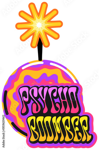 Psycho bomb and dynamite retro Y2K sticker or tag. TNT grenade vintage groovy patch, funny bomb isolated Y2K vector tag. Explosive retro funky label or sticker with psychedelic typography text