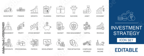 Investment Strategy Finance Growth Stock Market Vector Icon Set.