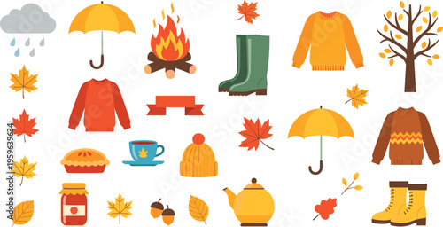 Autumn season elements set including rain cloud, umbrella, sweaters, boots, leaves, tree, teapot, and cozy fall accessories in flat vector style
