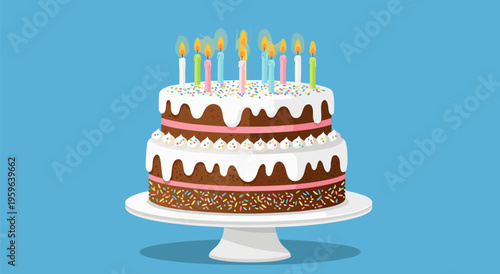 Festive Layered Birthday Cake with Candles in Vibrant Vector Illustration