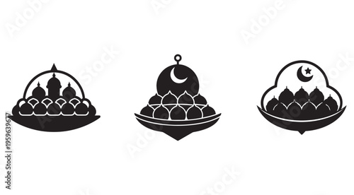 Black silhouette icons of food under domed serving dishes with mosque and moon designs for Ramadan or festival concepts  traditional culinary presentation