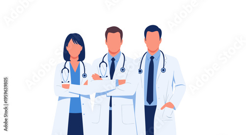 Medical Team Vector Illustration - Three Professional Doctors in White Coats with Stethoscopes, Ready to Help