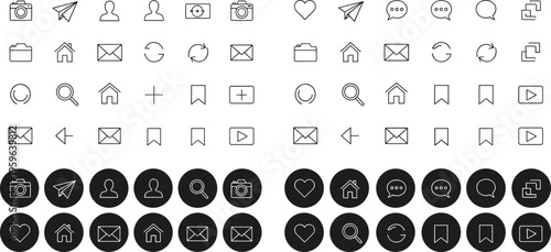 Set of user interface icons including communication, navigation, media controls, social symbols, and system actions in outline and glyph vector style