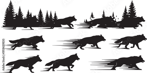 Silhouettes of wolves running in forest landscape illustrations set