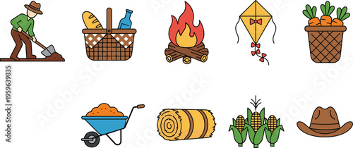 Set of farming and rural lifestyle elements including farmer, crops, wheelbarrow, hay bale, campfire, kite, and harvest icons in flat vector style