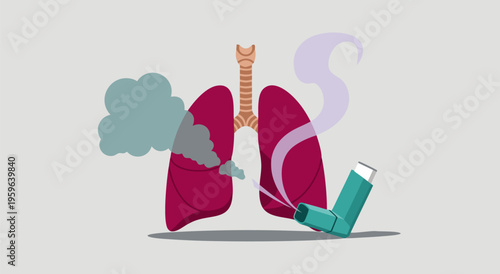 Asthma inhaler spraying medication into lungs illustration, medical vector graphic representing respiratory disease treatment and relief from breathing difficulties