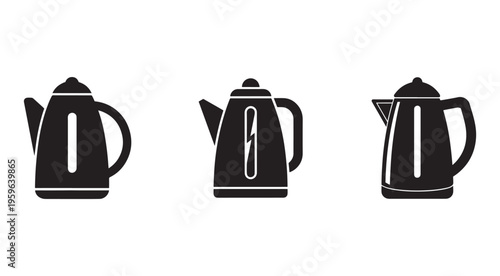 Black silhouette electric kettle icons in different views  front side and back  isolated on white background