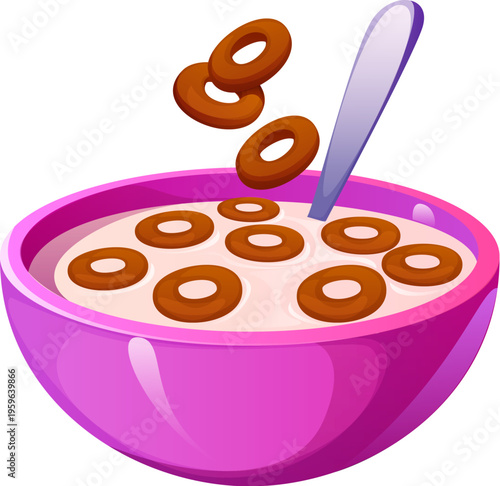 Breakfast bowl with milk and cereal chocolate ring pieces falling inside showing food preparation process with spoon and creamy liquid. Cartoon vector isolated kitchen scene with morning healthy meal
