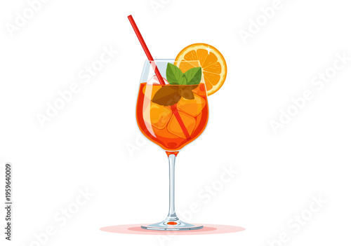 Refreshing orange aperitif drink in a wine glass with mint and orange slice, vector illustration
