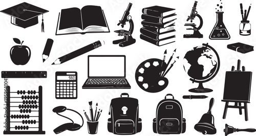 School and education icons in black and white color