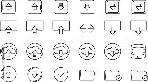 Set of upload and download icons including arrows, folders, cloud storage, database, and file transfer symbols in line vector style
