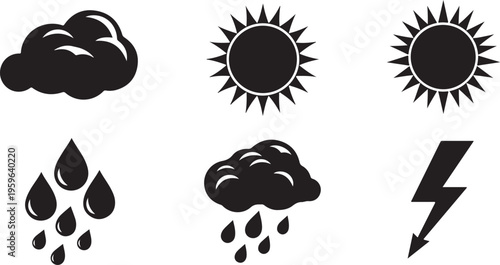 Weather icons set with sun cloud rain and lightning
