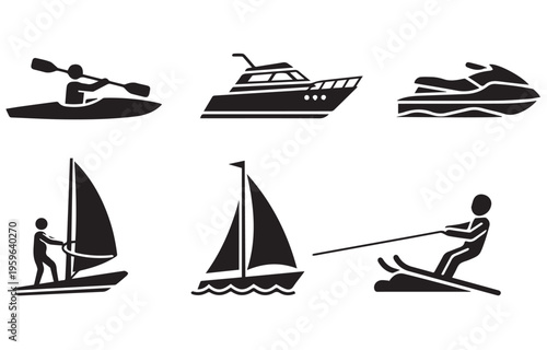 Water Sports and Nautical Vessel Icon Set Featuring Kayaking, Sailing, Jet Ski, and Motorboat Silhouettes