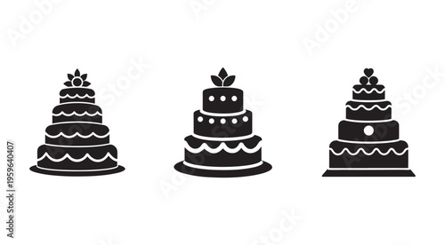 Black silhouettes of three tiered cakes with decorative designs isolated on white background