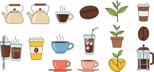 Collection of coffee elements including cups, kettle, beans, takeaway drinks, french press, and coffee plant in flat vector illustration style
