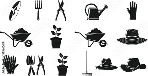 Set of gardening tools and equipment silhouettes including shovel, rake, gloves, wheelbarrow, watering can, and plant icons in vector style