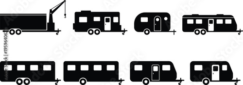 Caravan and trailer silhouette set featuring recreational campers travel trailers utility haulers and mobile home icons for transport and outdoor travel