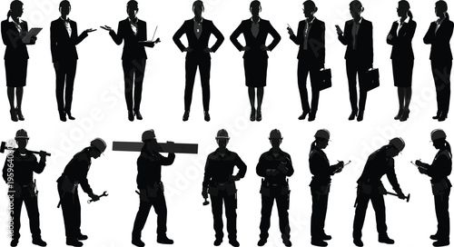 Businesswoman and construction worker silhouettes set featuring professional female office executives and industrial builders technicians for corporate and labor career concepts