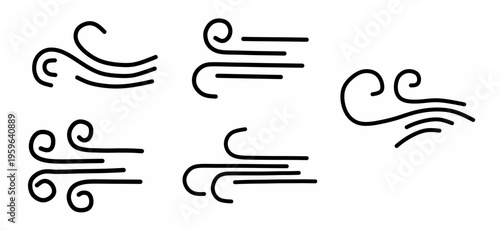 Set of Hand Drawn Wind Icons Representing Breeze and Air Flow.