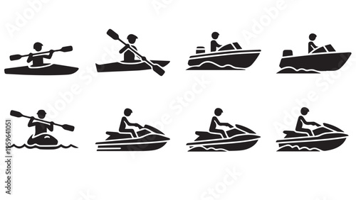 Water Sports and Boating Icons: Kayak, Jet Ski, and Motorboat Silhouettes
