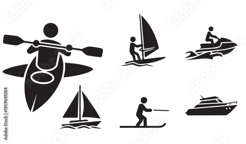 Water Sports and Nautical Activity Icon Set Featuring Kayaking, Windsurfing, Jet Ski, and Sailing Silhouettes