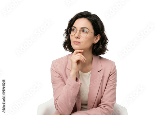 Young Indian business woman wearing a pink suit isolated looking sideways with doubtful and skeptical expression.