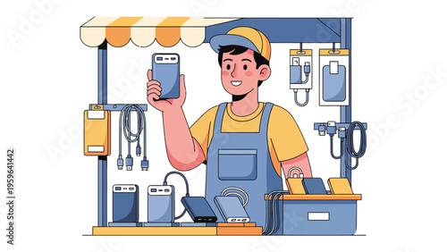 Mobile Vendor's Showcase: A vibrant illustration depicts a mobile vendor proudly presenting his wares, a display of phone accessories and gadgets.