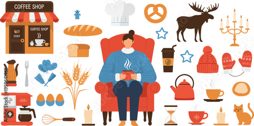 Cozy winter lifestyle illustration with person drinking coffee at home surrounded by bakery, warm clothes, candles, and seasonal elements in flat vector style