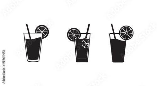 Blackandwhite illustration of three glasses with straws and slices of citrus fruits on white background for drinks and beverages concept