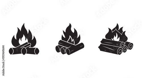 Blackandwhite illustrations of campfires with different flame and log configurations for various uses