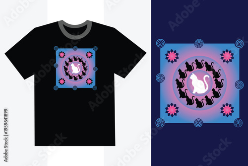 Mystical Cat Silhouette Mandala T-Shirt Design with Floral Ornaments and Vibrant Gradient Background