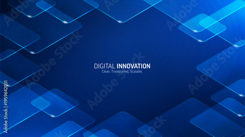 Digital innovation frame background. Clean transparent shapes create modern tech border for business, AI, data. Futuristic scalable design for corporate presentations, marketing. Minimal concept