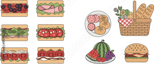 Set of delicious food items including sandwiches, burger, fruits, cookies, and picnic basket in flat vector illustration style