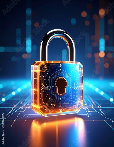 Digital padlock, glowing orange-yellow,  on circuit board.  Cyber security