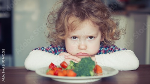 Child girl refuses eating food meal nutrition problem picky kid behavior parenting stress health diet family feeding struggle childhood care concept