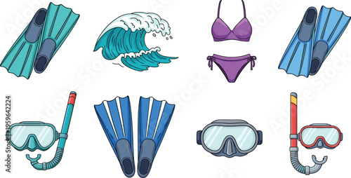 Collection of snorkeling gear and summer beach elements including fins, diving masks, snorkels, ocean wave, and bikini in flat vector illustration style