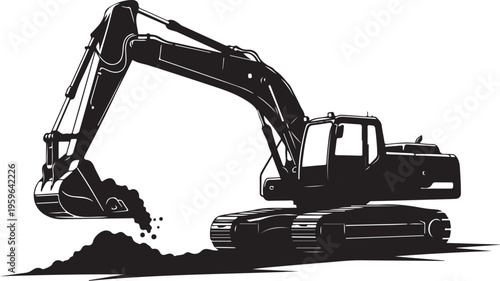 Excavator digging into a pile of dirt and debris
