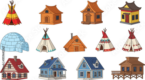 Collection of traditional houses and dwellings including teepees, igloos, wooden cabins, and colorful village homes in flat vector illustration style