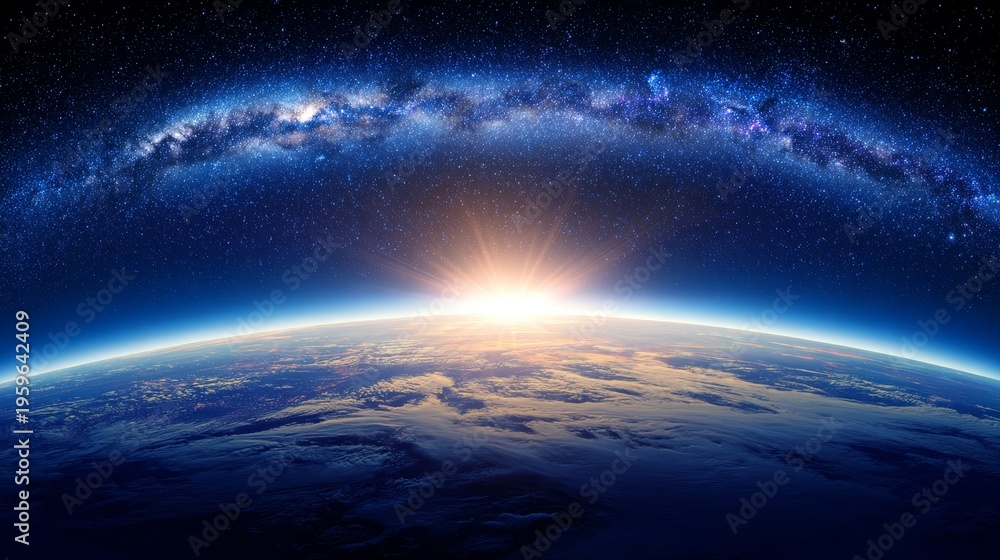 Fototapeta premium Earth planet space sunrise galaxy stars orbit globe environment ecology nature atmosphere horizon light universe cosmic global sustainability concept